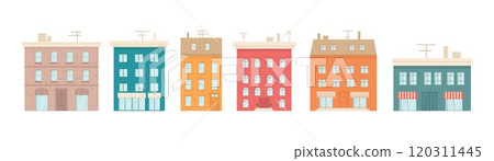 Set with houses exteriors front view with roof, doors and windows. Townhouse building apartment, residential town buildings architecture. Vector illustrations isolated on white background. EPS10 Set with houses exteriors front view with roof, doors and windows. Townhouse building apartment, residential town buildings architecture. Vector illustrations isolated on white background. EPS10 120311445