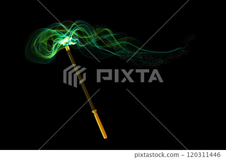 Realistic magic wand and and enchanted green lights. Multicolored glowing plume of smoke, black abstract tansparent effect. Cartoon sorcery stick isolated. Celebration symbol.  120311446