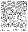 A set of hand-drawn black doodles of Christmas and winter elements:  a knitted sweater, a scarf, socks, mittens, present, and other winter objects. 120311460