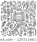 A set of hand-drawn black doodles of Christmas and winter elements:  a knitted sweater, a scarf, socks, mittens, present, and other winter objects. 120311461