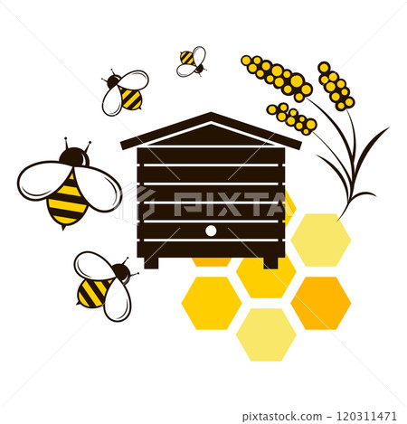 Beehive with bee, honeycomb and flowers 120311471
