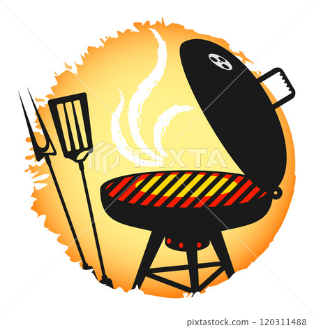 Barbecue pot with fork and meat spatula, symbol for frying meat and grilling 120311488