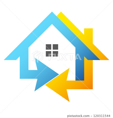 Blue and yellow arrow symbol of home, air conditioning and heating 120311544