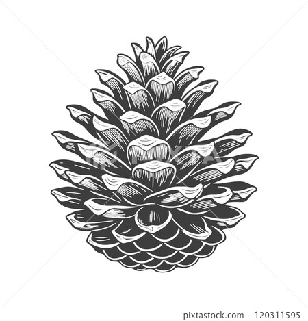 Drawn pine cone on white background. Fir cone. Symbol, design element Drawn pine cone on white background. Fir cone. Symbol, design element 120311595