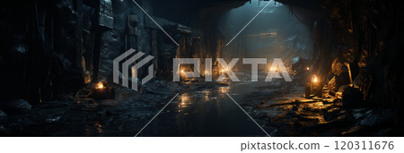 Old mine tunnel, underground cave in mountain, panoramic view of dark abandoned passage like catacomb. Concept of industry, coal, light, rock, geology 120311676