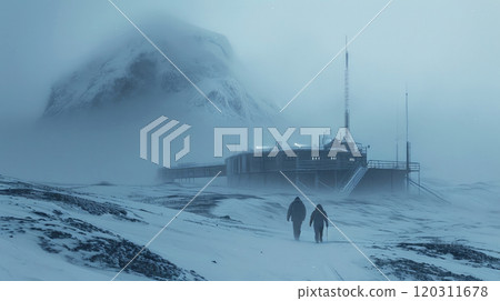 Polar expedition during storm in mist, frozen station and people on snow background. Concept of arctic exploration, frost, antarctica, winter 120311678