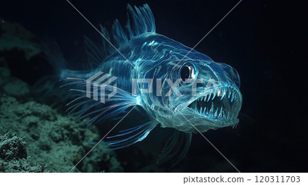 Deep sea fish swims in the dark, strange glowing animal with teeth underwater in ocean, concept of predator, nature, wildlife 120311703
