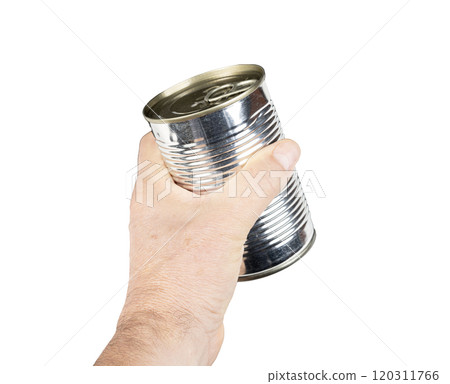 a metal food jar in the hand 120311766
