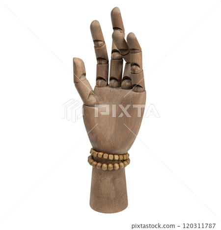 wooden hand with two wooden bracelets 120311787