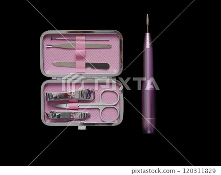 Pink manicure set isolated on black background with copy space 120311829