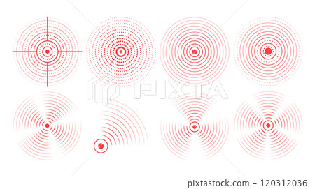 Set of red  rings with sound waves, interrupted lines and dots. Rings with radial lines. Radar icon, targets, 120312036