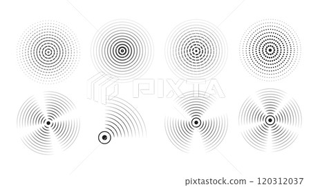 Set of black rings with sound waves, interrupted lines and dots. Rings with radial lines. Radar icon, targets, epicenter. Concentric vortex circles. Vector illustration Set of black rings with sound waves, interrupted lines and dots. Rings with radial lines. Radar icon, targets, epicenter. Concentric vortex circles. Vector illustration 120312037