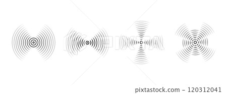 Set of black rings with sound waves, interrupted lines and dots. Sonar rings with radial lines. Radar icon, target, epicenter. Vector concentric vortex circles. 120312041