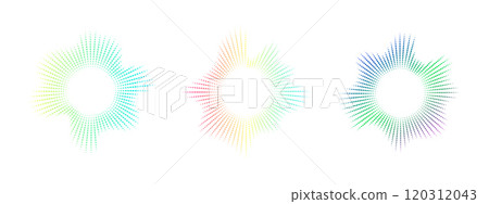 Neon dot equalizer set. Audio multicolor waves. Music symbol, circular sound waves. Radial spectrum. Vector illustration. 120312043