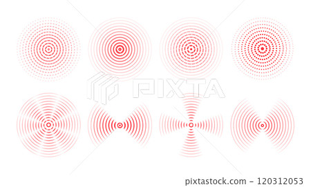 Set of red rings with sound waves, interrupted lines and dots. Rings with radial lines, wallpaper . Radar icon, targets, epicenter. Vector signal concentric vortex circles. Set of red rings with sound waves, interrupted lines and dots. Rings with radial lines, wallpaper . Radar icon, targets, epicenter. Vector signal concentric vortex circles. 120312053