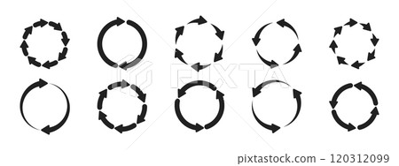 A set of circular arrow icons. Forward icon. Two to eight arrows in a cycle. Symbol of renewal, repetition, recycling. Vector illustration. 120312099