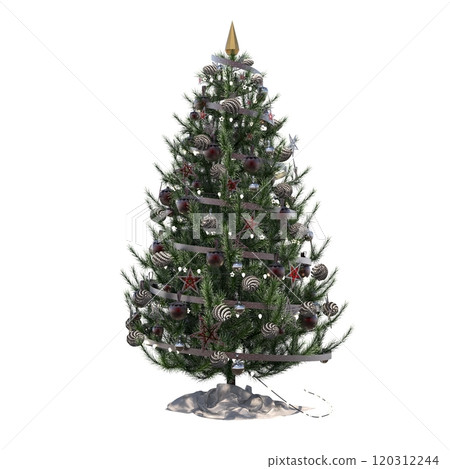 Christmas tree with decorations, isolated on white background, 3D illustration, cg render Christmas tree with decorations, isolated on white background, 3D illustration, cg render 120312244