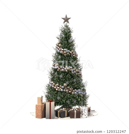 Christmas tree with decorations, isolated on white background, 3D illustration, cg render 120312247