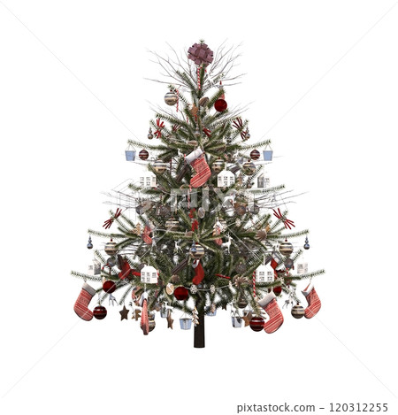 Christmas tree with decorations, isolated on white background, 3D illustration, cg render Christmas tree with decorations, isolated on white background, 3D illustration, cg render 120312255