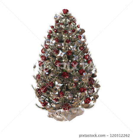 Christmas tree with decorations, isolated on white background, 3D illustration, cg render 120312262