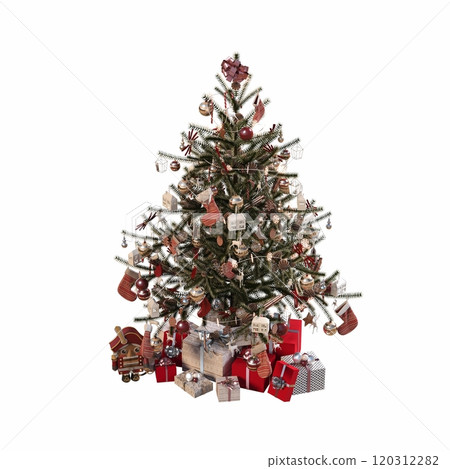 Christmas tree with decorations, isolated on white background, 3D illustration, cg render 120312282