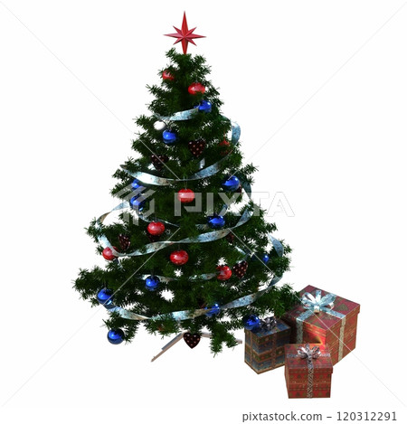 Christmas tree with decorations, isolated on white background, 3D illustration, cg render 120312291