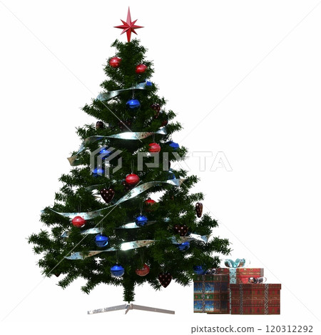 Christmas tree with decorations, isolated on white background, 3D illustration, cg render 120312292