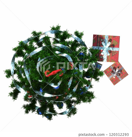 Christmas tree with decorations, isolated on white background, 3D illustration, cg render Christmas tree with decorations, isolated on white background, 3D illustration, cg render 120312293