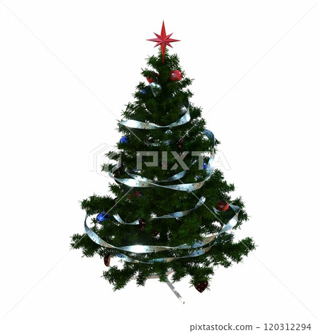 Christmas tree with decorations, isolated on white background, 3D illustration, cg render Christmas tree with decorations, isolated on white background, 3D illustration, cg render 120312294