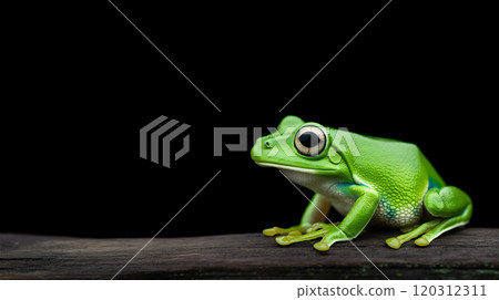 A vibrant green frog is perched atop a branch against a black background, copy space 120312311