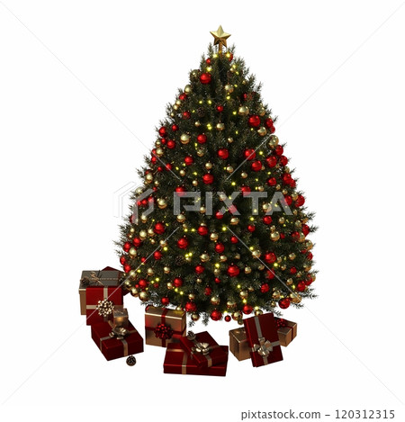 Christmas tree with decorations, isolated on white background, 3D illustration, cg render Christmas tree with decorations, isolated on white background, 3D illustration, cg render 120312315