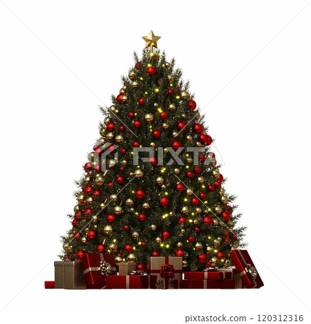 Christmas tree with decorations, isolated on white background, 3D illustration, cg render Christmas tree with decorations, isolated on white background, 3D illustration, cg render 120312316