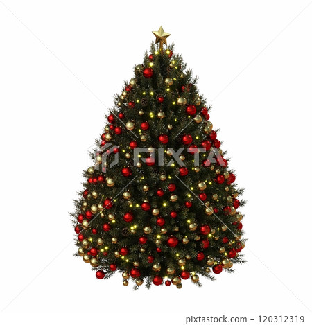 Christmas tree with decorations, isolated on white background, 3D illustration, cg render 120312319