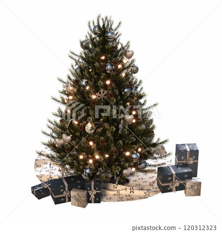 Christmas tree with decorations, isolated on white background, 3D illustration, cg render Christmas tree with decorations, isolated on white background, 3D illustration, cg render 120312323