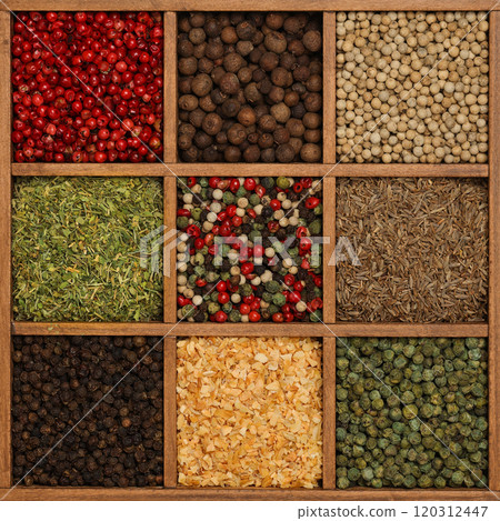 Wooden box of assorted spices Wooden box of assorted spices 120312447