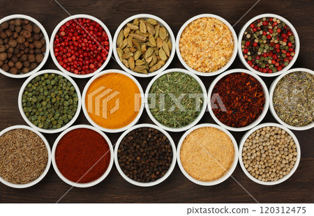Many bowls of assorted spices Many bowls of assorted spices 120312475