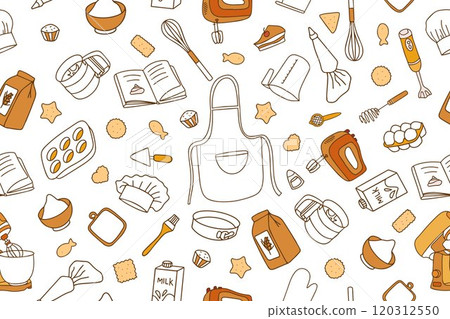 Colorful fashionable pattern of baking accessories. Set of kitchen utensils for cooking in doodle style. Vector. 120312550