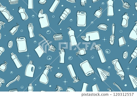 Fashionable Seamless pattern of cleaning equipment. Cleaning line icons. Line of hand-drawn equipment, cleaning products and tools for washing and disinfecting the house, bucket and mop, detergent Fashionable Seamless pattern of cleaning equipment. Cleaning line icons. Line of hand-drawn equipment, cleaning products and tools for washing and disinfecting the house, bucket and mop, detergent 120312557