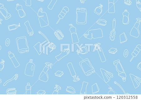Seamless pattern of cleaning equipment. Cleaning line icons. Line of hand-drawn equipment, cleaning products and tools for washing and disinfecting the house, bucket and mop, detergent sprayer. Vector 120312558