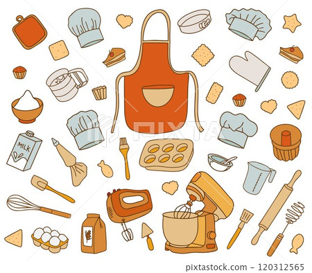 Colorful trendy collection of baking accessories. Set of kitchen utensils for cooking in doodle style on white background. Vector. 120312565