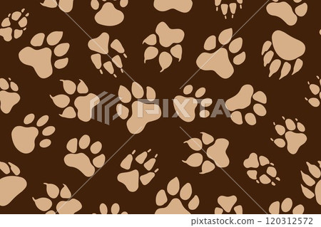 Seamless pattern of animal paw prints set, vector footprints of different animals. Brown paw prints background. Dog fox wolf bear cat lion leopard tiger. Vector 120312572