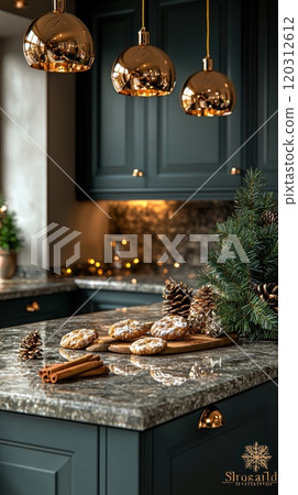 An Elegant Holiday Kitchen Adorned with Festive Decor and Delectable Baked Goods Galore 120312612
