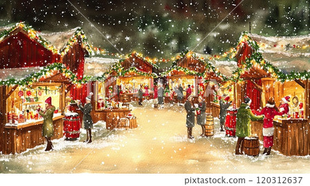 Christmas Watercolor painting of festive European Market at Night with Wooden Stalls Fairy Lights Mulled Wine and Gently Falling Snow, generative ai 120312637