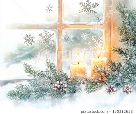 Christmas Watercolor painting Cozy Frosty Winter Window with Snowflakes Glowing Candles and Evergreen Branches, generative ai 120312638