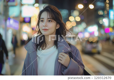 穿著休閒外套的女人和充滿光線的夜景 120312670