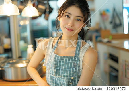 一個微笑的女人圍著圍裙做飯 120312672