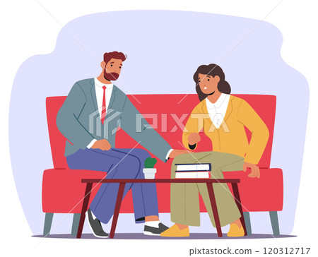 Man employee touching knee of his female colleague exhibiting inappropriate behavior at work Man employee touching knee of his female colleague exhibiting inappropriate behavior at work 120312717