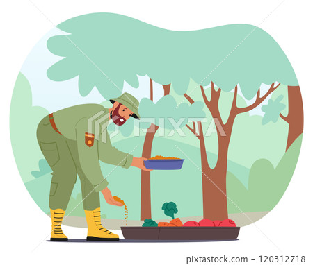 Man forest ranger character feeding animals with seed grains, fruits and vegetables in natural park Man forest ranger character feeding animals with seed grains, fruits and vegetables in natural park 120312718