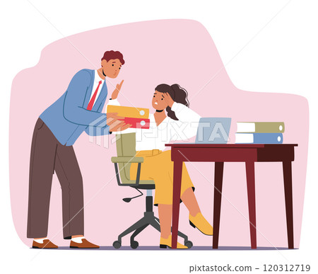 Man coworker demonstrating unwanted attention to woman employee trying to kiss her in office Man coworker demonstrating unwanted attention to woman employee trying to kiss her in office 120312719