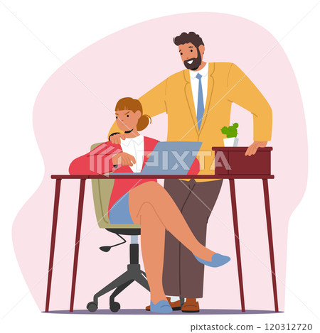 Boss chief putting his hand on female shoulder sexually harassing woman secretary at workplace Boss chief putting his hand on female shoulder sexually harassing woman secretary at workplace 120312720